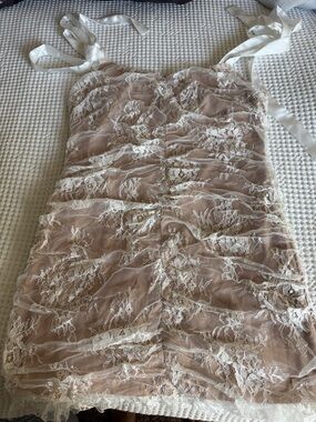 Miss Lola Sheer White Lace Overlay Dress with Nude Lining